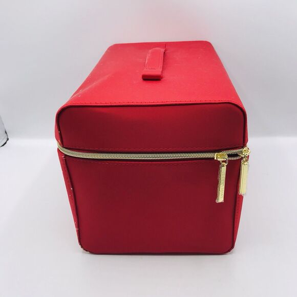 Estee Lauder Red w Gold Train Case Travel Bag Makeup Cosmetic Zipper with Handle - Picture 2 of 9